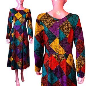 Vintage 90s M Whimsigoth Midi Dress Multicolor Patchwork Print Long Sleeve ALine